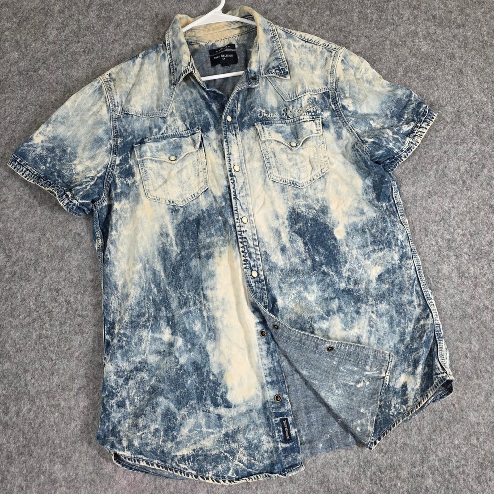 True Religion‎ Denim Acid Wash Bleached Western Shirt Pearl Snap sz Large Y2k